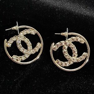Gold Chanel Crystal Logo Hoops